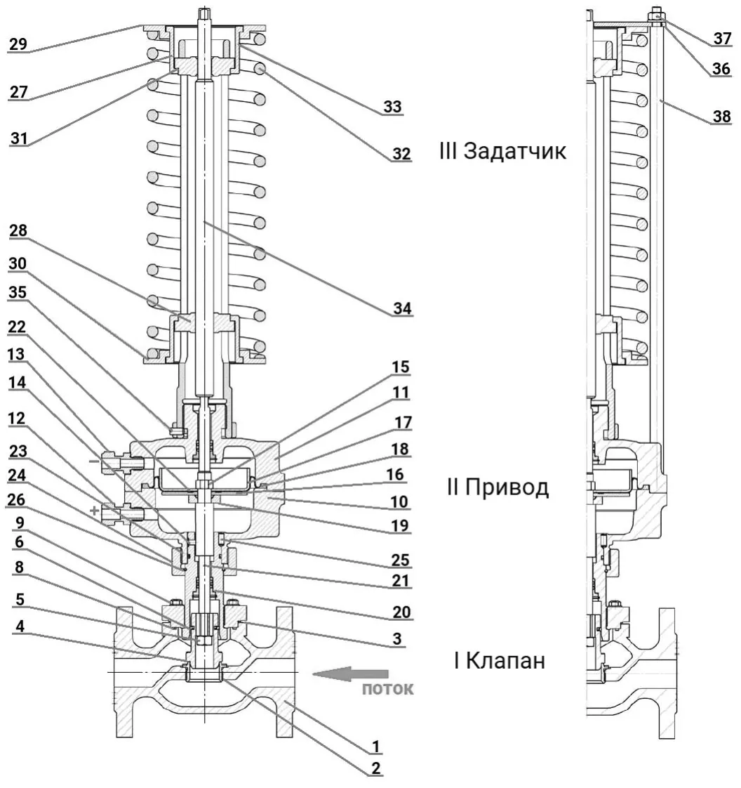Регулятор давления до себя PRB1030N-F-DA Ду65 Ру16 Kvs25 прямого действия, серый чугун СЧ20, фланцевый, Tmax до 150°С, диапазон настройки 4 (6 - 12 кгс/см2)