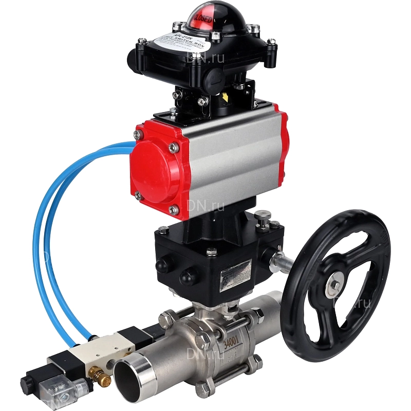 Кран шаровой Ду65 Ру25, полнопроходной, трехсоставной, нержавеющая сталь 316, PTFE, под приварку, с пневмоприводом PA-DA-083, с пневмораспределителем 4V320-08 AC220V, БКВ APL-210N, ручным Дублером MON2-450-T28-ISO (BV3232P(3pc)-FP-W-ISO-H LONG)