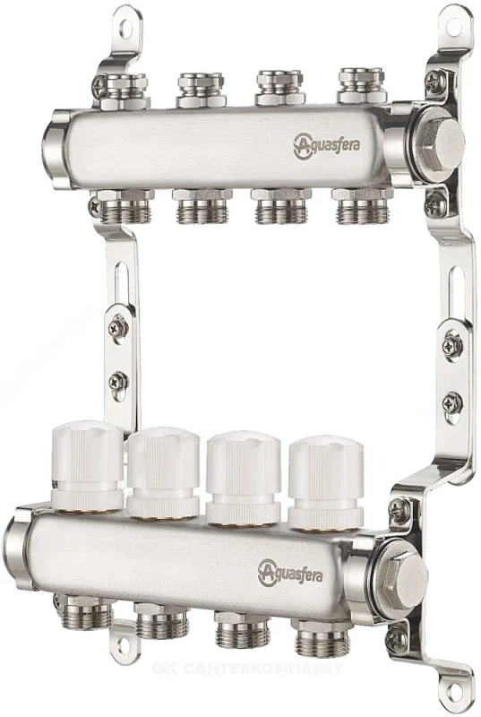 Группа коллекторная Aquasfera 9504 Ду25 Ру10 внутренняя резьба, выходов 9х3/4″ наружная резьба под евроконус с балансировочными и регулирующими клапанами, нержавеющая сталь
