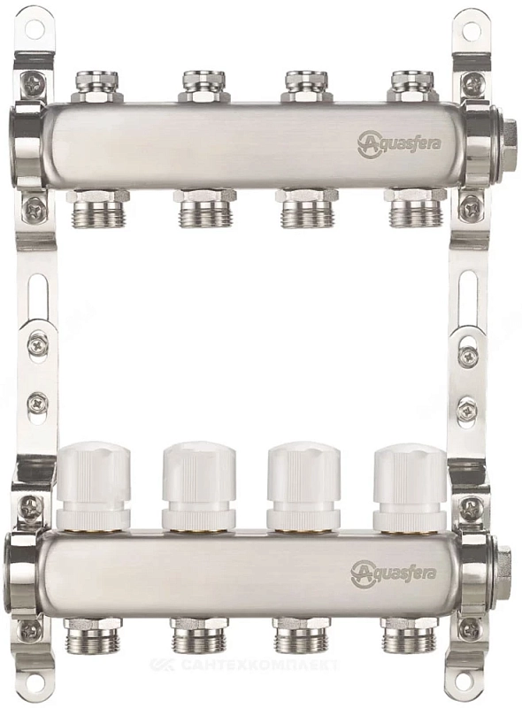 Группа коллекторная Aquasfera 9504 Ду25 Ру10 внутренняя резьба, выходов 9х3/4″ наружная резьба под евроконус с балансировочными и регулирующими клапанами, нержавеющая сталь